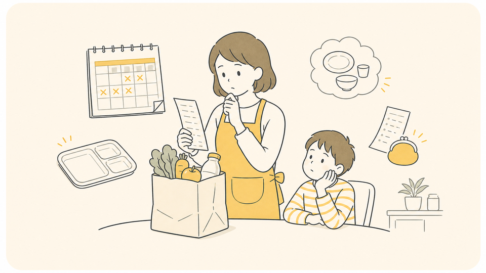 長期休暇中の食事や家計の負担に向き合う家庭のイラスト